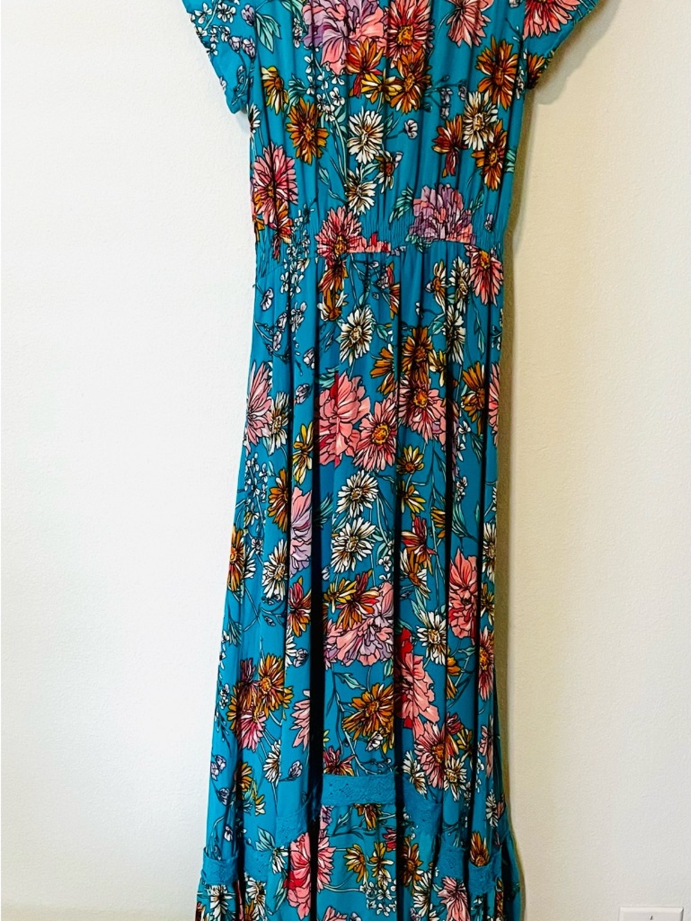 Jaase Carmen Janis Beautiful Pink Teal Floral Maxi Dress Embroidered Cap Slvs Sm - Picture 2 of 13